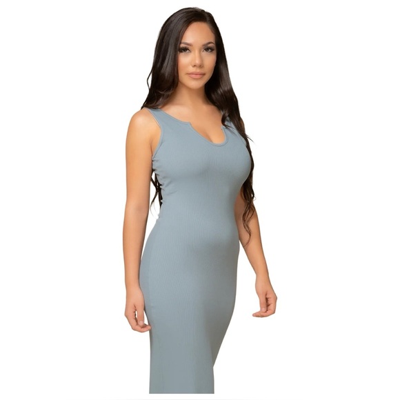 Ribbed Notch Neck Bodycon Maxi Dress Blue Pewter Gray S - Picture 1 of 8